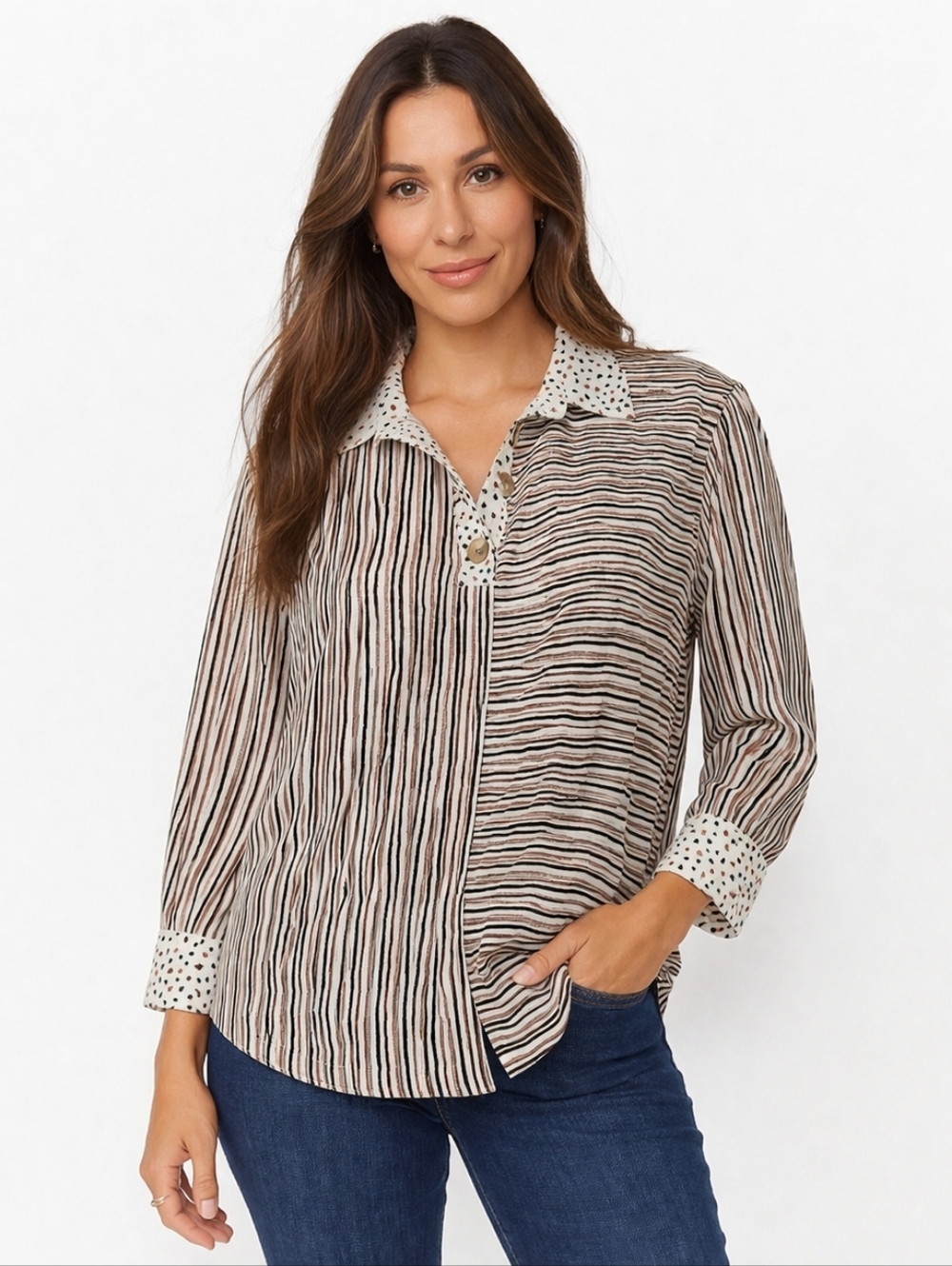 Multiples Mixed Safari Stripe Crinkle Top 3/4 Sleeve Safari Print Cuffs Size PL